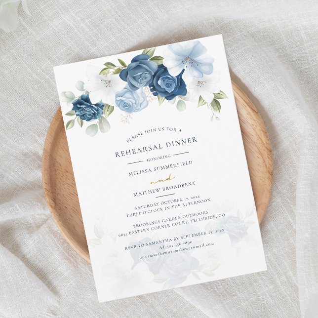 Floral Dusty Blue Wedding Rehearsal Dinner Invitation (Dusty Blue Watercolor Floral Wedding Rehearsal Dinner Invitation)