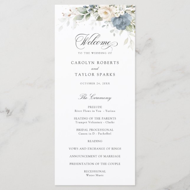 Floral Dusty Blue White Greenery Wedding Program (Front)
