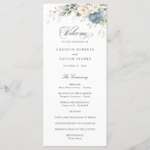 Floral Dusty Blue White Greenery Wedding Program
