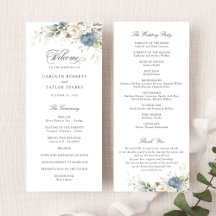 Floral Dusty Blue White Greenery Wedding Program