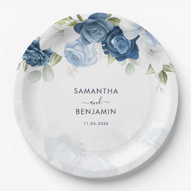 Floral Dusty Blue White Wedding Shower Paper Plate (Front)