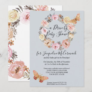 Floral Dusty Blue Wreath Butterfly Drive By Shower Invitation