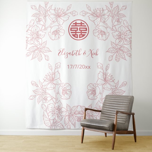 Floral Dusty Pink Chinese Wedding Backdrop Tapestry (In Situ)