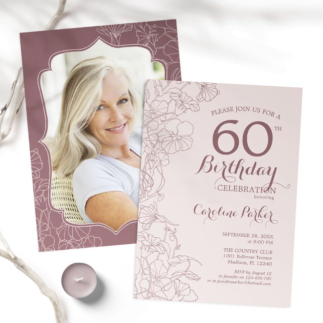 Floral Dusty Pink Photo 60th Birthday Party Invitation (Creator Uploaded)