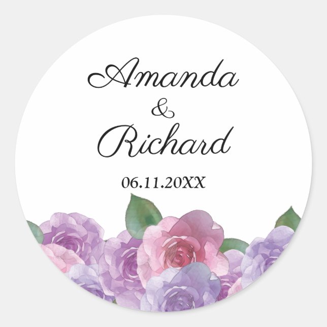 Floral Dusty Pink Purple Wedding   Classic Round Sticker (Front)