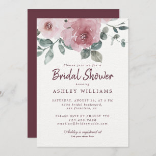Floral Dusty Pink Rose Burgundy Bridal Shower Invitation