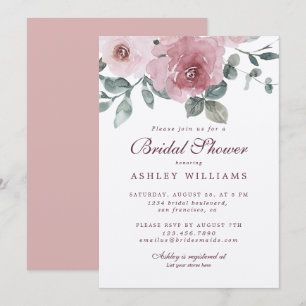 Floral Dusty Pink Rose Burgundy Bridal Shower Invitation