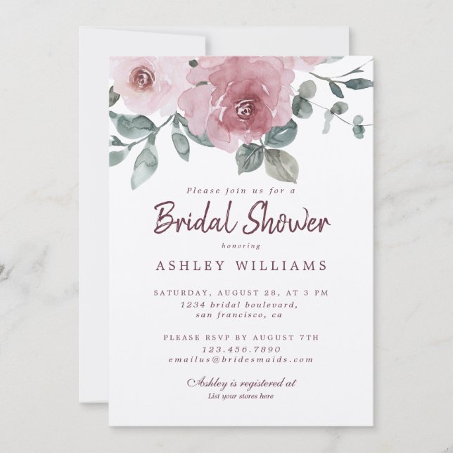 Floral Dusty Pink Rose Burgundy Bridal Shower Invitation (Front)