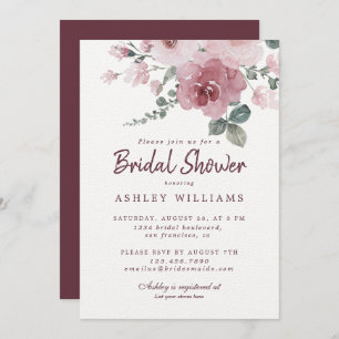 Floral Dusty Pink Rose Burgundy Bridal Shower Invitation