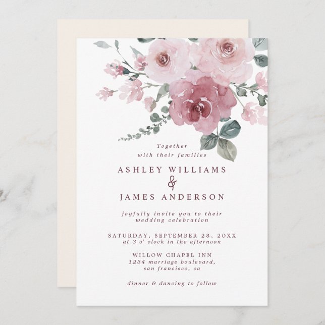 Floral Dusty Pink Rose Burgundy Ivory Wedding Invitation (Front/Back)