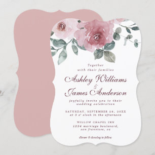 Floral Dusty Pink Rose Burgundy Wedding Invitation