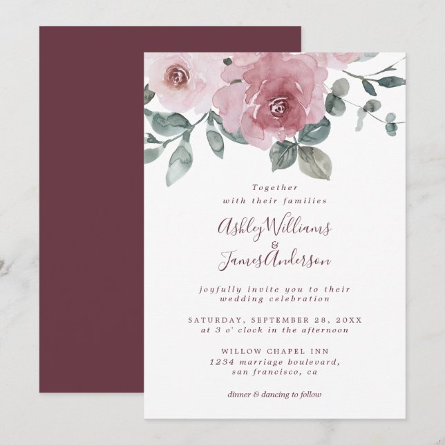 Floral Dusty Pink Rose Burgundy Wedding Invitation (Front/Back)