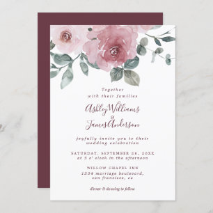 Floral Dusty Pink Rose Burgundy Wedding Invitation