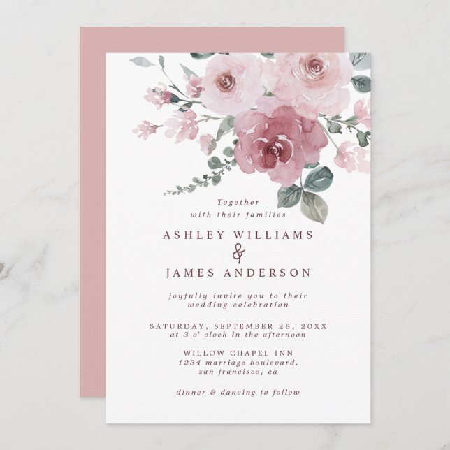 Floral Dusty Pink Rose Burgundy Wedding Invitation (Front/Back)
