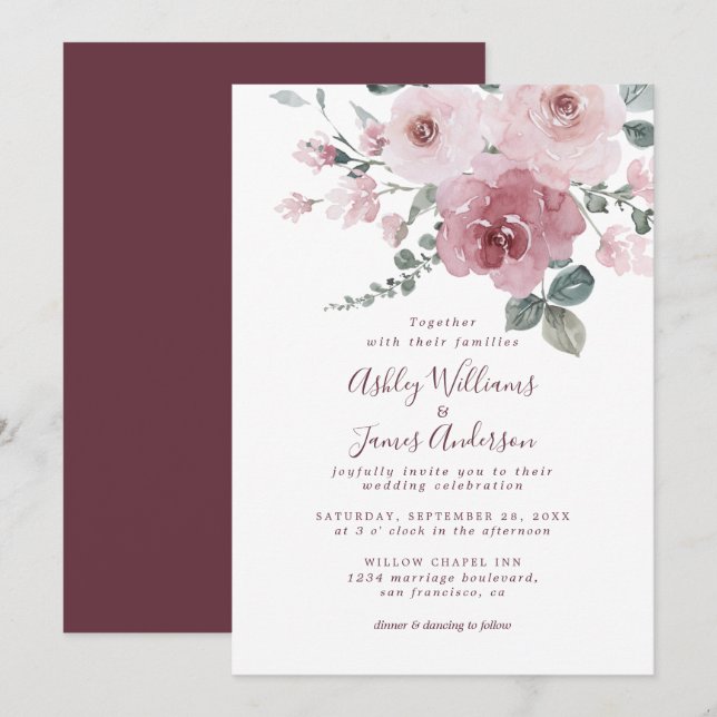 Floral Dusty Pink Rose Burgundy Wedding Invitation (Front/Back)