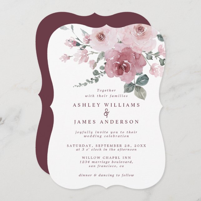 Floral Dusty Pink Rose Burgundy Wedding Invitation (Front/Back)