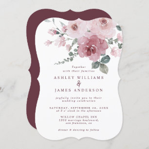 Floral Dusty Pink Rose Burgundy Wedding Invitation