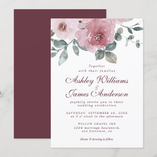 Floral Dusty Pink Rose Burgundy Wedding Invitation