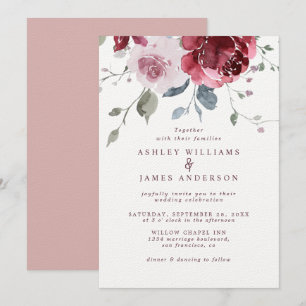 Floral Dusty Pink Rose Burgundy Wedding Invitation