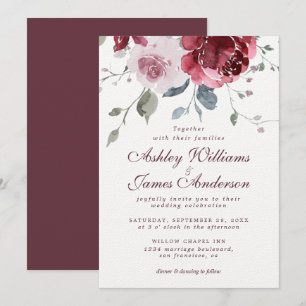 Floral Dusty Pink Rose Burgundy Wedding Invitation