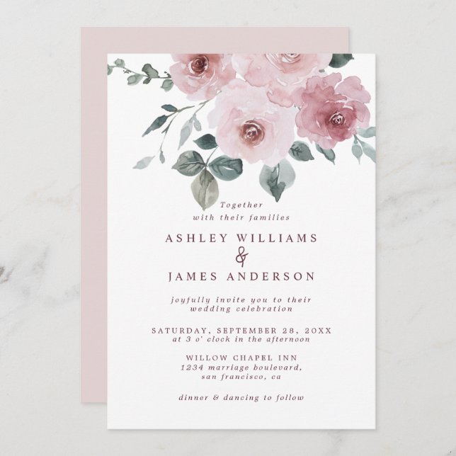 Floral Dusty Pink Rose Burgundy Wedding Invitation (Front/Back)