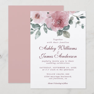 Floral Dusty Pink Rose Burgundy Wedding Invitation