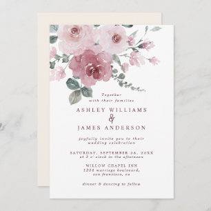 Floral Dusty Pink Rose Ivory Wedding Invitation
