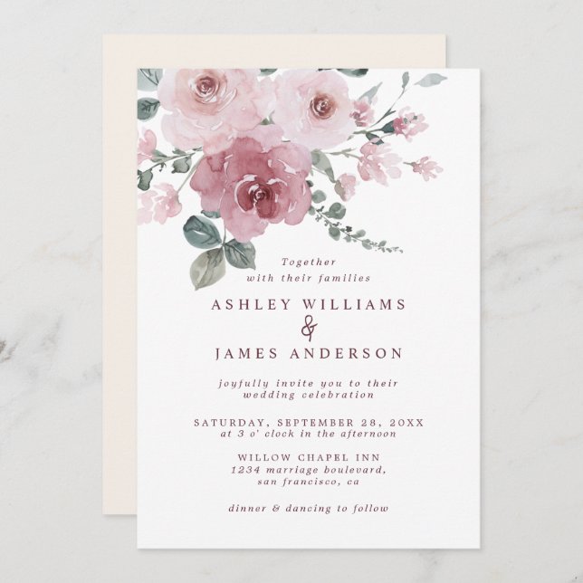 Floral Dusty Pink Rose Ivory Wedding Invitation (Front/Back)