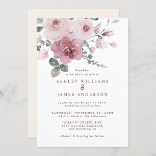 Floral Dusty Pink Rose Ivory Wedding Invitation