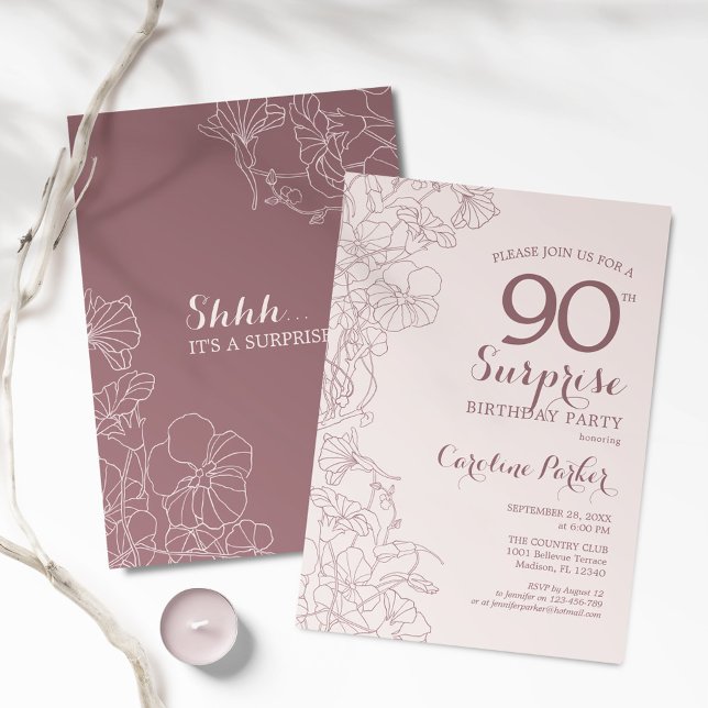 Floral Dusty Pink Surprise 90th Birthday Party Invitation (Creator Uploaded)