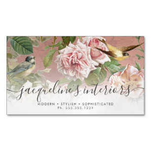 Floral Dusty Pink Vintage Rose Peony Birds Elegant Magnetic Business Card