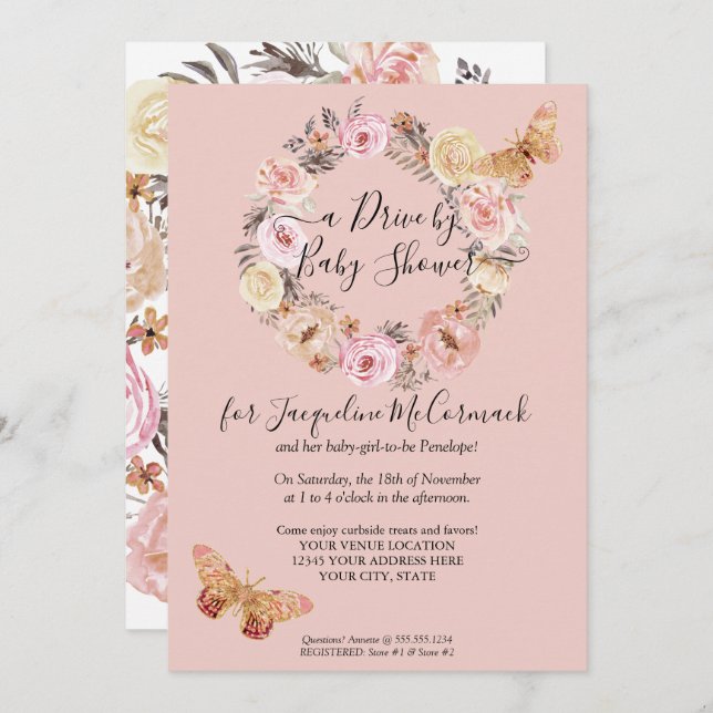 Floral Dusty Pink Wreath Butterfly Drive By Shower Invitation (Front/Back)
