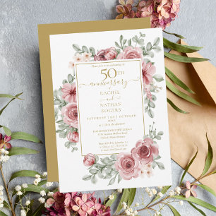 Floral Dusty Rose 50th Golden Wedding Anniversary Invitation