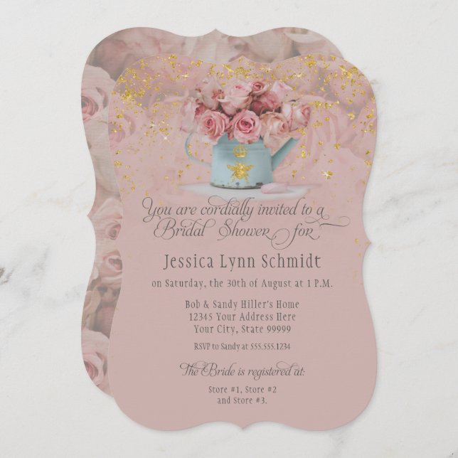  Floral Dusty Rose Bee Gold Glitter Bridal Shower Invitation (Front/Back)