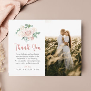 Floral Dusty Rose Eucalyptus Elegant Photo Wedding Thank You Card