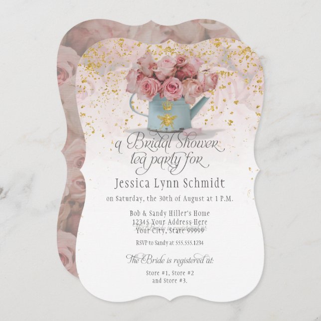  Floral Dusty Rose Gold Elegant Bridal Shower Tea Invitation (Front/Back)