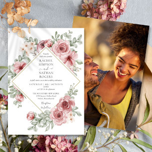Floral Dusty Rose Gold Geometric Wedding Photo Invitation