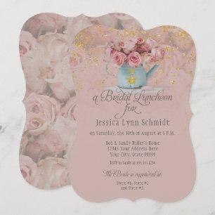 Floral Dusty Rose Gold Glitter Bridal Luncheon Invitation