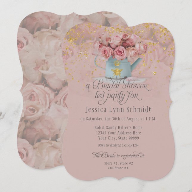  Floral Dusty Rose Gold Glitter Bridal Shower Tea  Invitation (Front/Back)