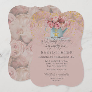 Floral Dusty Rose Gold Glitter Bridal Shower Tea  Invitation