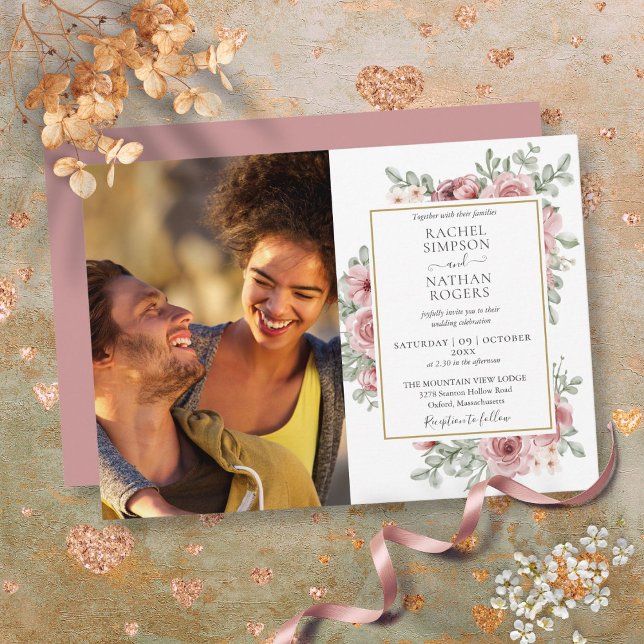 Floral Dusty Rose Gold Photo Wedding Invitation (Floral Dusty Rose Gold Photo Wedding Invitation)