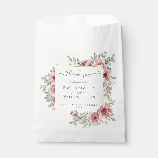 Floral Dusty Rose Gold Wedding Thank You Favour Ba Bag (Front)