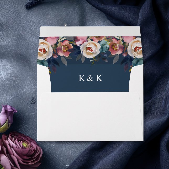Floral Dusty Rose Mauve Navy Blue Wedding Envelope (Floral Dusty Rose Mauve Navy Blue Wedding Envelope)