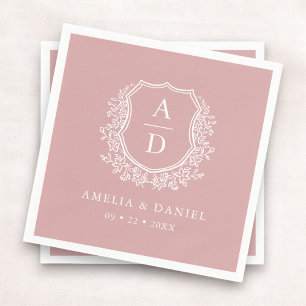 Floral Dusty Rose Pink Crest Wedding Monogram Napkin