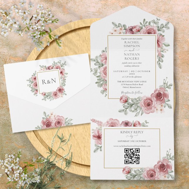 Floral Dusty Rose QR Code Wedding All In One Invitation (Floral Dusty Rose QR Code Wedding All In One Invitation)