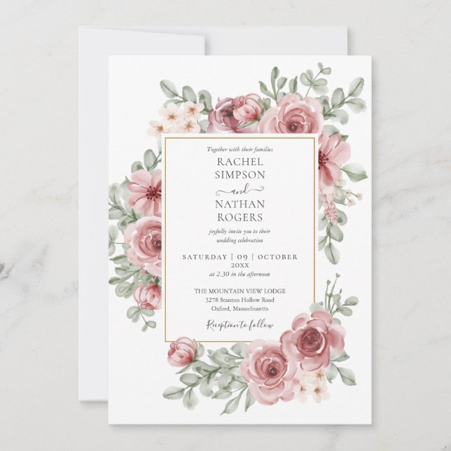 Floral Dusty Rose QR Code Wedding Invitation (Front)