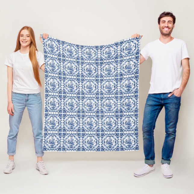 Floral Dutch Tiles Pattern Fleece Blanket (In Situ)
