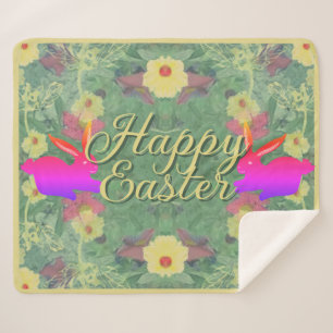 Floral Easter Bunnies w/Text Sherpa Blanket
