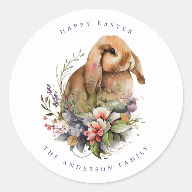 Floral Easter Bunny Classic Round Sticker (Front)
