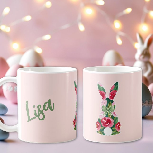 Floral Easter Bunny Mug with Soft Pink Background  (Floral Easter Bunny Mug with Soft Pink Background)